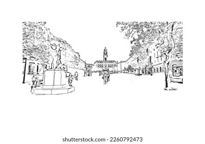 Building view with landmark of Porto Novo is the 
capital of Benin. Hand drawn sketch illustration in vector.