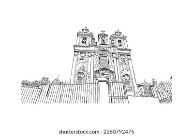 Building view with landmark of Porto Novo is the 
capital of Benin. Hand drawn sketch illustration in vector.