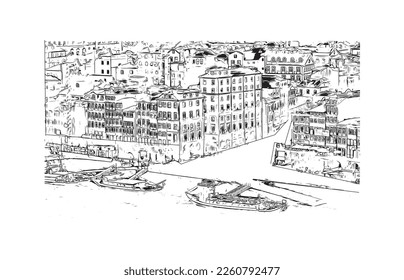 Building view with landmark of Porto Novo is the 
capital of Benin. Hand drawn sketch illustration in vector.