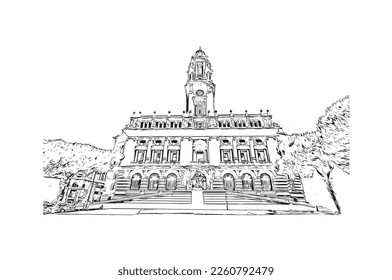 Building view with landmark of Porto Novo is the 
capital of Benin. Hand drawn sketch illustration in vector.