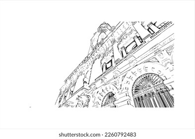 Building view with landmark of Porto Novo is the 
capital of Benin. Hand drawn sketch illustration in vector.