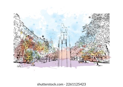 Building view with landmark of Porto Novo is the 
capital of Benin. Watercolor splash with hand drawn sketch illustration in vector.