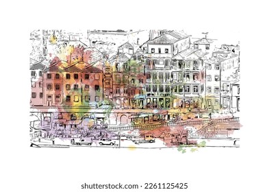 Building view with landmark of Porto Novo is the 
capital of Benin. Watercolor splash with hand drawn sketch illustration in vector.