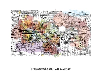 Building view with landmark of Porto Novo is the 
capital of Benin. Watercolor splash with hand drawn sketch illustration in vector.