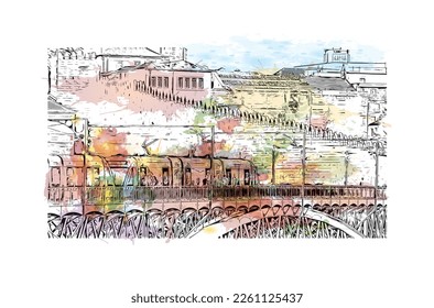 Building view with landmark of Porto Novo is the 
capital of Benin. Watercolor splash with hand drawn sketch illustration in vector.