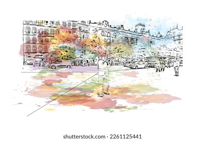 Building view with landmark of Porto Novo is the 
capital of Benin. Watercolor splash with hand drawn sketch illustration in vector.