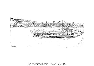 Building view with landmark of Porto Novo is the 
capital of Benin. Hand drawn sketch illustration in vector.