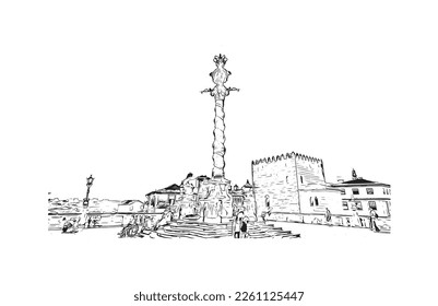 Building view with landmark of Porto Novo is the 
capital of Benin. Hand drawn sketch illustration in vector.