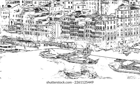 Building view with landmark of Porto Novo is the 
capital of Benin. Hand drawn sketch illustration in vector.