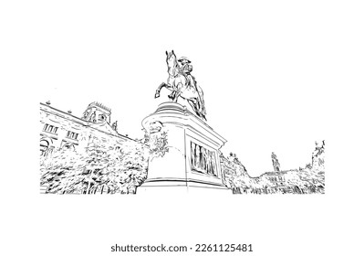 Building view with landmark of Porto Novo is the 
capital of Benin. Hand drawn sketch illustration in vector.