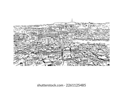 Building view with landmark of Porto Novo is the 
capital of Benin. Hand drawn sketch illustration in vector.