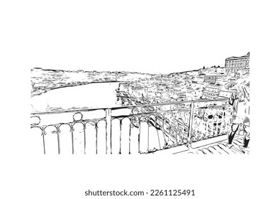 Building view with landmark of Porto Novo is the 
capital of Benin. Hand drawn sketch illustration in vector.