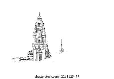 Building view with landmark of Porto Novo is the 
capital of Benin. Hand drawn sketch illustration in vector.