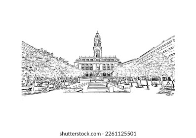 Building view with landmark of Porto Novo is the 
capital of Benin. Hand drawn sketch illustration in vector.