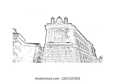 Building view with landmark of Porto Novo is the 
capital of Benin. Hand drawn sketch illustration in vector.