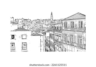 Building view with landmark of Porto Novo is the 
capital of Benin. Hand drawn sketch illustration in vector.