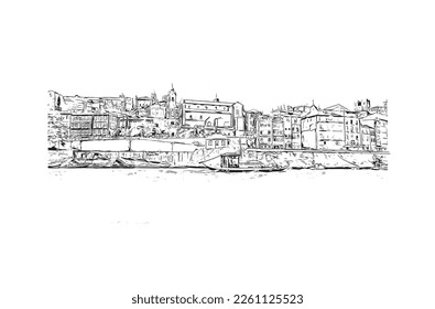 Building view with landmark of Porto Novo is the 
capital of Benin. Hand drawn sketch illustration in vector.