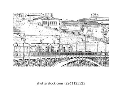 Building view with landmark of Porto Novo is the 
capital of Benin. Hand drawn sketch illustration in vector.