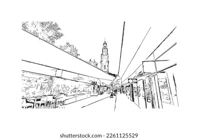 Building view with landmark of Porto Novo is the 
capital of Benin. Hand drawn sketch illustration in vector.