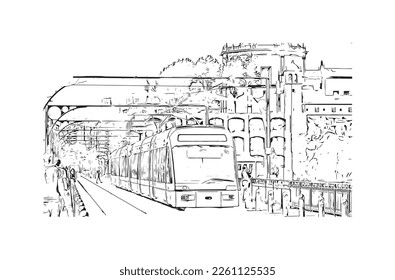 Building view with landmark of Porto Novo is the 
capital of Benin. Hand drawn sketch illustration in vector.