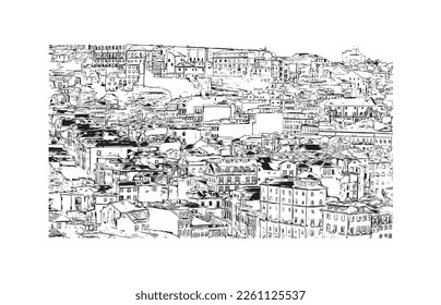 Building view with landmark of Porto Novo is the 
capital of Benin. Hand drawn sketch illustration in vector.