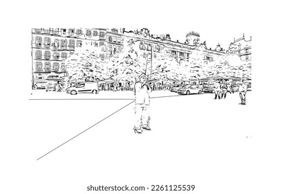 Building view with landmark of Porto Novo is the 
capital of Benin. Hand drawn sketch illustration in vector.