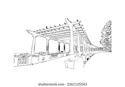 Building view with landmark of Porto Novo is the 
capital of Benin. Hand drawn sketch illustration in vector.