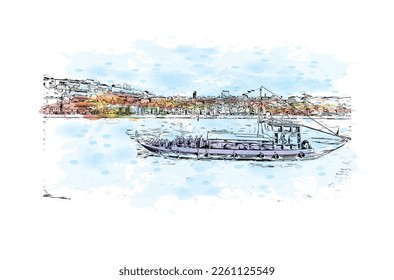 Building view with landmark of Porto Novo is the 
capital of Benin. Watercolor splash with hand drawn sketch illustration in vector.