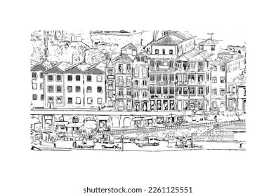 Building view with landmark of Porto Novo is the 
capital of Benin. Hand drawn sketch illustration in vector.