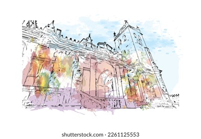 Building view with landmark of Porto Novo is the 
capital of Benin. Watercolor splash with hand drawn sketch illustration in vector.