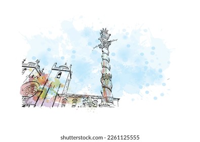 Building view with landmark of Porto Novo is the 
capital of Benin. Watercolor splash with hand drawn sketch illustration in vector.