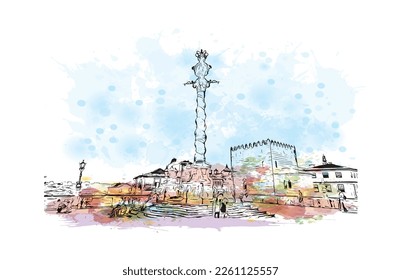 Building view with landmark of Porto Novo is the 
capital of Benin. Watercolor splash with hand drawn sketch illustration in vector.