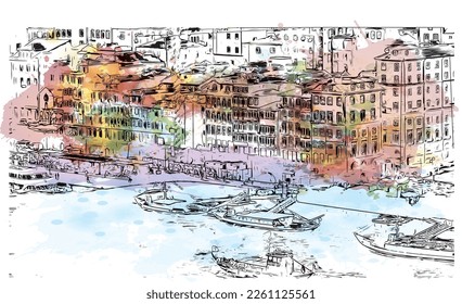 Building view with landmark of Porto Novo is the 
capital of Benin. Watercolor splash with hand drawn sketch illustration in vector.