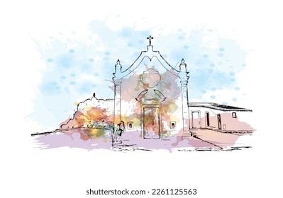 Building view with landmark of Porto Novo is the 
capital of Benin. Watercolor splash with hand drawn sketch illustration in vector.