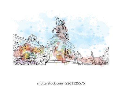 Building view with landmark of Porto Novo is the 
capital of Benin. Watercolor splash with hand drawn sketch illustration in vector.