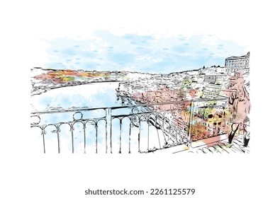 Building view with landmark of Porto Novo is the 
capital of Benin. Watercolor splash with hand drawn sketch illustration in vector.