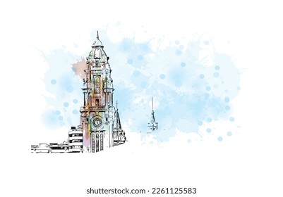 Building view with landmark of Porto Novo is the 
capital of Benin. Watercolor splash with hand drawn sketch illustration in vector.