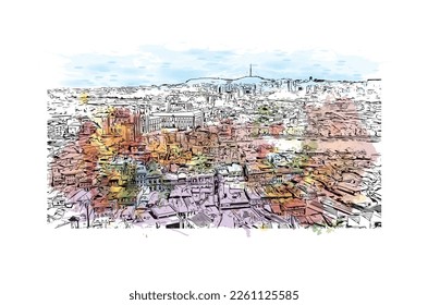 Building view with landmark of Porto Novo is the 
capital of Benin. Watercolor splash with hand drawn sketch illustration in vector.