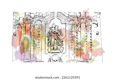 Building view with landmark of Porto Novo is the 
capital of Benin. Watercolor splash with hand drawn sketch illustration in vector.