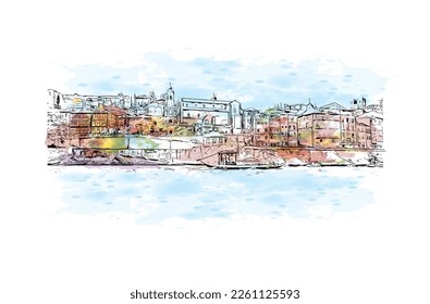 Building view with landmark of Porto Novo is the 
capital of Benin. Watercolor splash with hand drawn sketch illustration in vector.