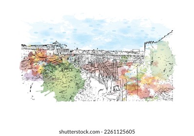 Building view with landmark of Porto Novo is the 
capital of Benin. Watercolor splash with hand drawn sketch illustration in vector.