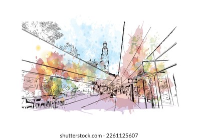 Building view with landmark of Porto Novo is the 
capital of Benin. Watercolor splash with hand drawn sketch illustration in vector.
