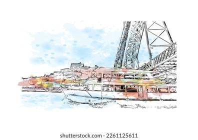 Building view with landmark of Porto Novo is the 
capital of Benin. Watercolor splash with hand drawn sketch illustration in vector.