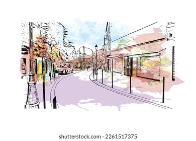Building view with landmark of Porto Vecchio is the 
commune in France. Watercolor splash with hand drawn sketch illustration in vector.
