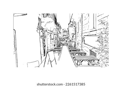Building view with landmark of Porto Vecchio is the 
commune in France. Hand drawn sketch illustration in vector.
