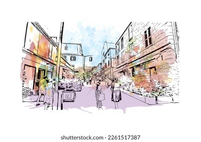 Building view with landmark of Porto Vecchio is the 
commune in France. Watercolor splash with hand drawn sketch illustration in vector.
