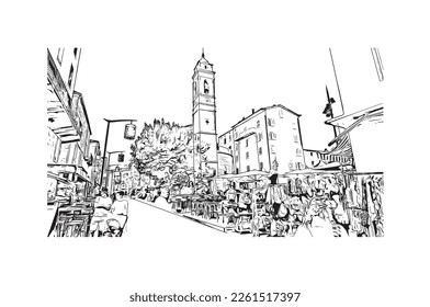 Building view with landmark of Porto Vecchio is the 
commune in France. Hand drawn sketch illustration in vector.
