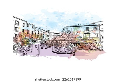 Building view with landmark of Porto Vecchio is the 
commune in France. Watercolor splash with hand drawn sketch illustration in vector.
