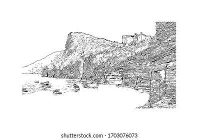 Building view with landmark of Portofino is a fishing village on the Italian Riviera coastline, southeast of Genoa city. Watercolor splash with hand drawn sketch illustration in vector.