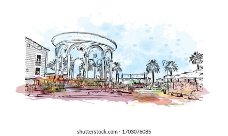 Building view with landmark of Portofino is a fishing village on the Italian Riviera coastline, southeast of Genoa city. Watercolor splash with hand drawn sketch illustration in vector.